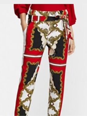 Very chic & cool New York & Company Red Black Gold Printed Straight-Leg Pants
